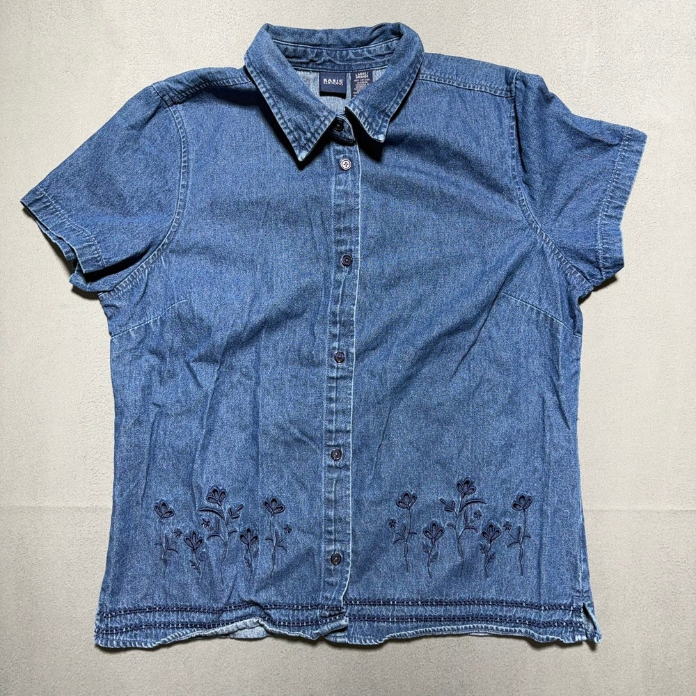 Basic Editions Women Blue Denim Short Sleeve Embroidered Button Down Large